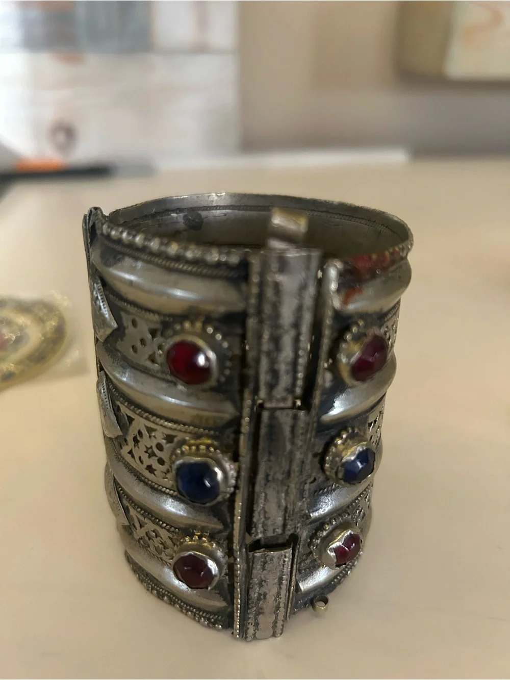 Ethnic Indian Wear Silver-Tone Cuff Bracelet with Red and Blue Stones